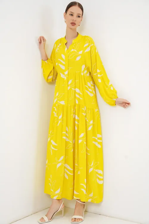 Kadın Desenli Uzun Tesettür Elbise 2585 - A.Sarı