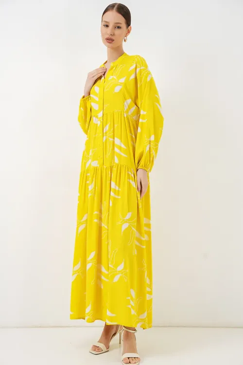 Kadın Desenli Uzun Tesettür Elbise 2585 - A.Sarı