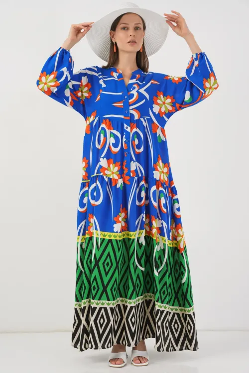 Kadın Desenli Uzun Tesettür Elbise 2585 - A.Turuncu