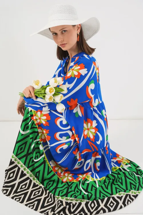 Kadın Desenli Uzun Tesettür Elbise 2585 - A.Turuncu