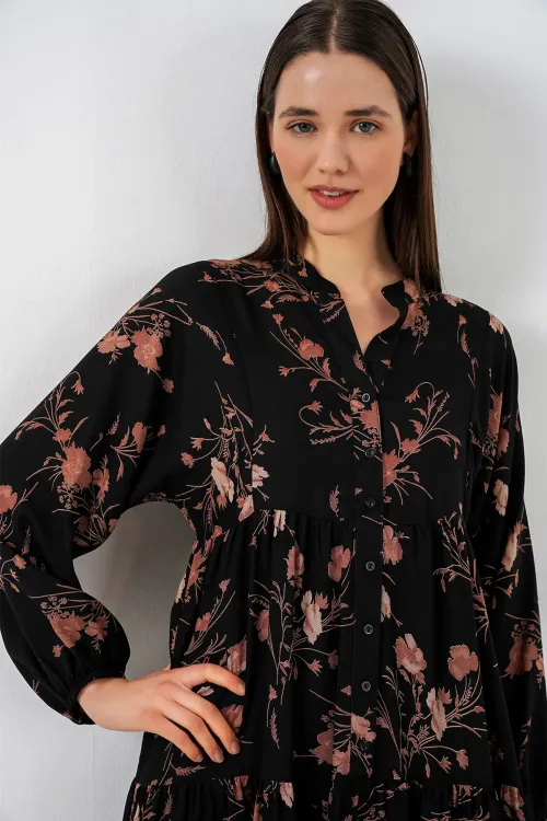 Kadın Desenli Uzun Tesettür Elbise 2585 - B. Siyah