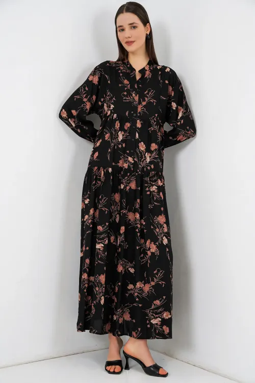 Kadın Desenli Uzun Tesettür Elbise 2585 - B. Siyah