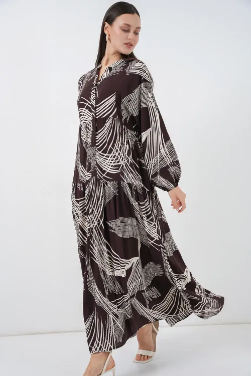 Kadın Desenli Uzun Tesettür Elbise 2585 - B.Kahverengi