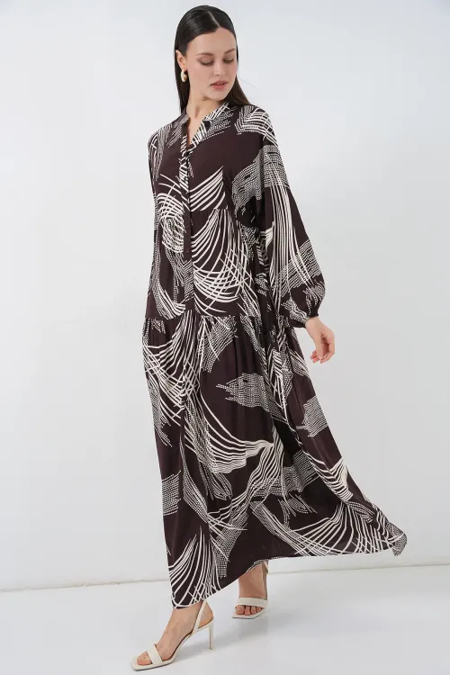 Kadın Desenli Uzun Tesettür Elbise 2585 - B.Kahverengi