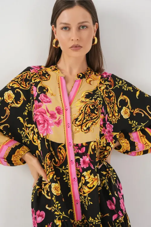 Kadın Desenli Uzun Tesettür Elbise 2585 - B.Sarı