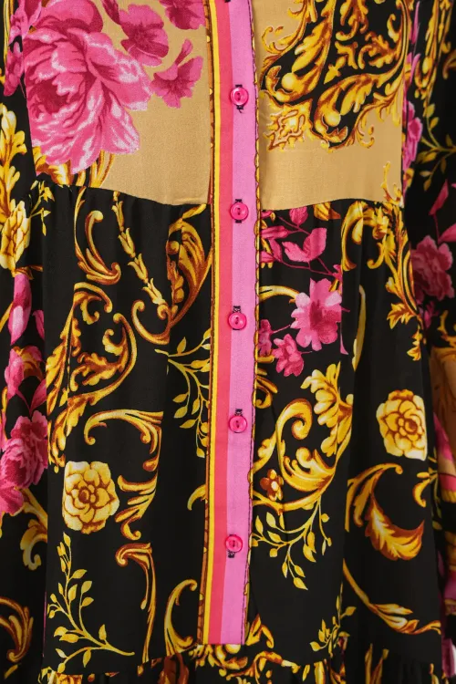 Kadın Desenli Uzun Tesettür Elbise 2585 - B.Sarı