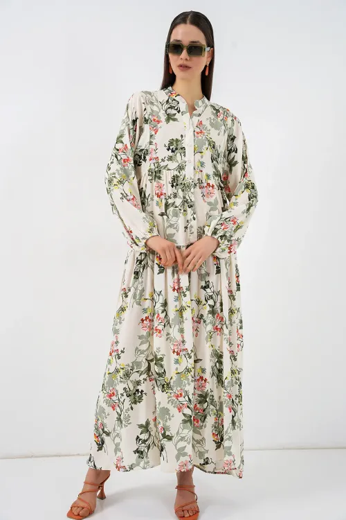 Kadın Desenli Uzun Tesettür Elbise 2585 - C. Çağla