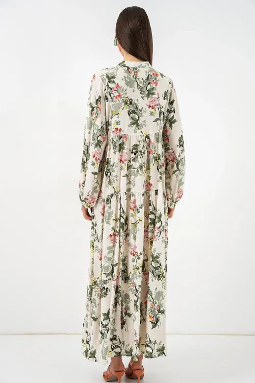 Kadın Desenli Uzun Tesettür Elbise 2585 - C. Çağla