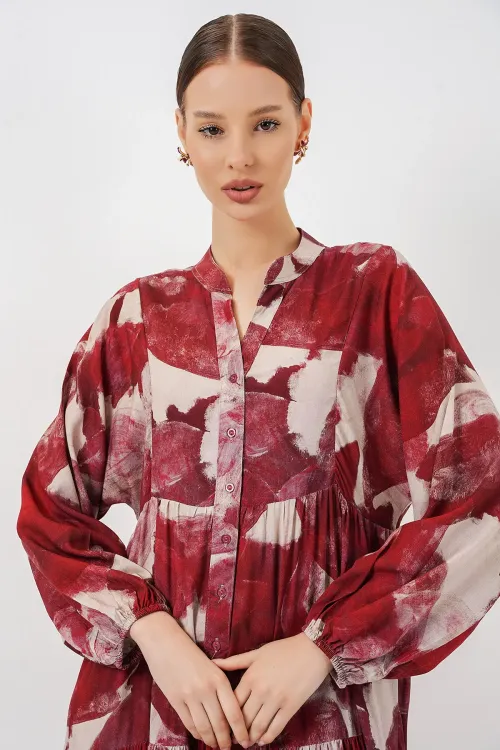 Kadın Desenli Uzun Tesettür Elbise 2585 - D. Bordo