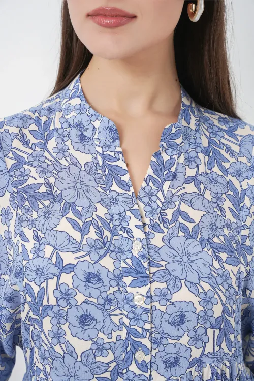 Kadın Desenli Uzun Tesettür Elbise 2585 - D. İndigo