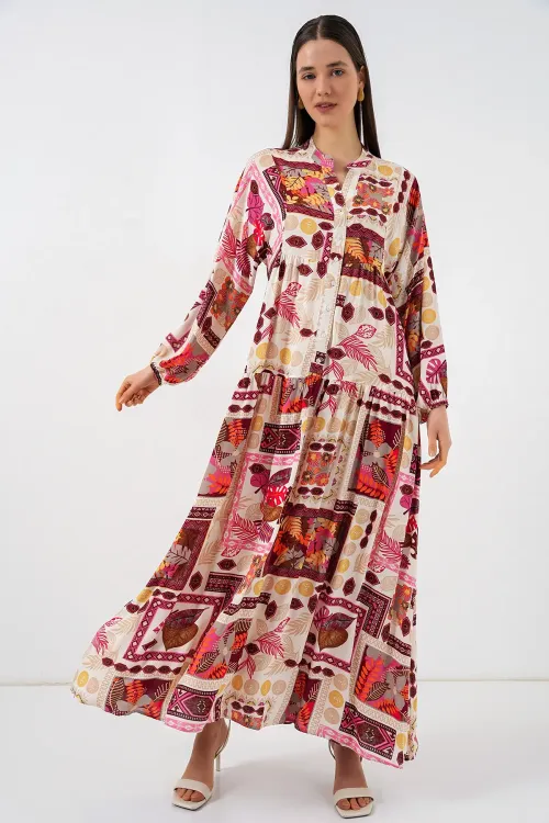 Kadın Desenli Uzun Tesettür Elbise 2585 - E. Turuncu