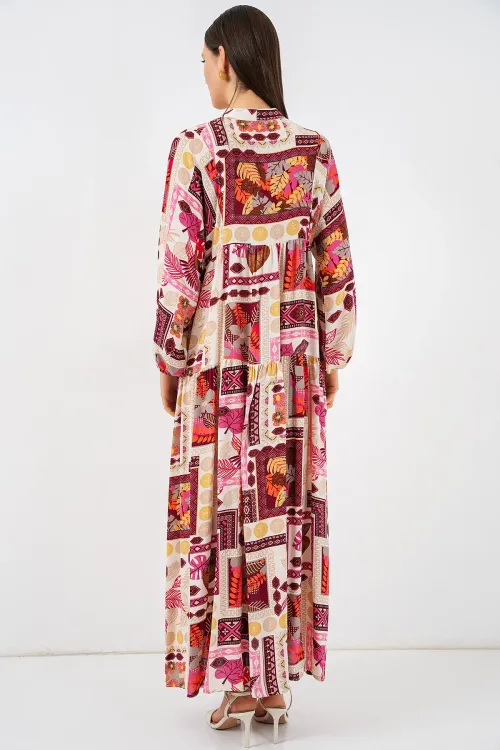 Kadın Desenli Uzun Tesettür Elbise 2585 - E. Turuncu