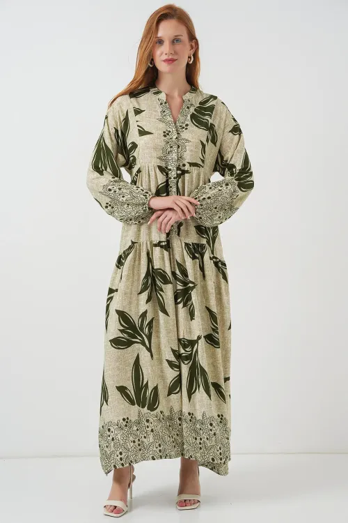 Kadın Desenli Uzun Tesettür Elbise 2585 - E.Yeşil