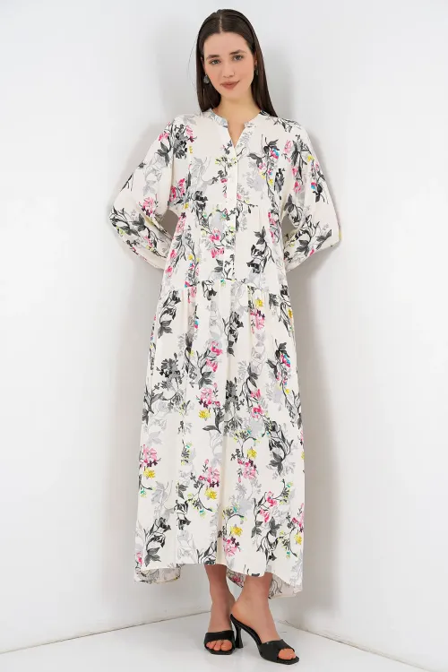 Kadın Desenli Uzun Tesettür Elbise 2585 - F.Gri