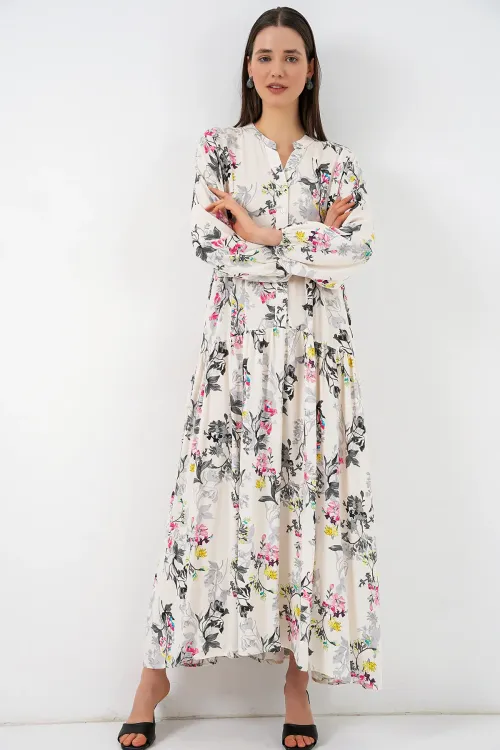 Kadın Desenli Uzun Tesettür Elbise 2585 - F.Gri