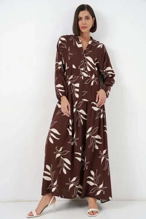 Kadın Desenli Uzun Tesettür Elbise 2585 - F.KAHVE