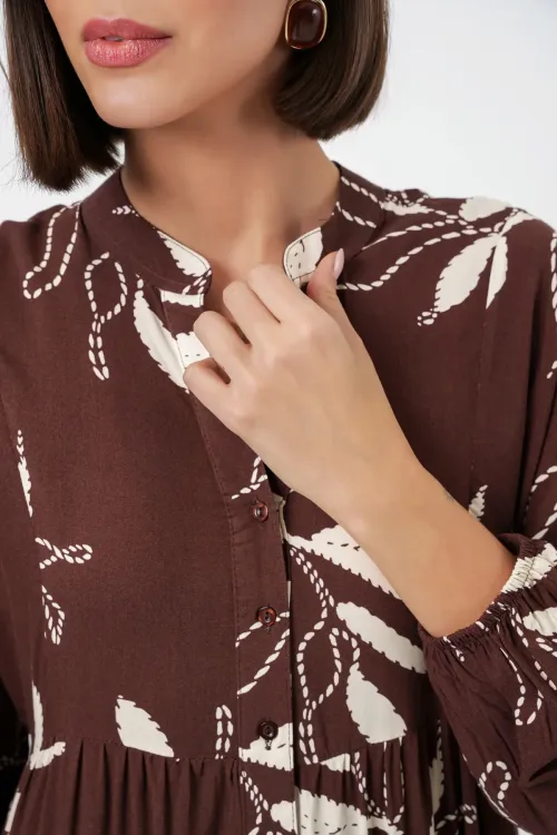 Kadın Desenli Uzun Tesettür Elbise 2585 - F.KAHVE