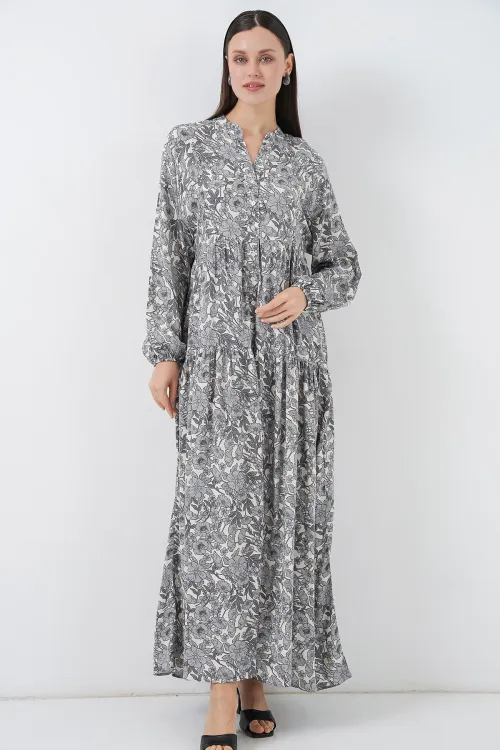 Kadın Desenli Uzun Tesettür Elbise 2585 - Gri