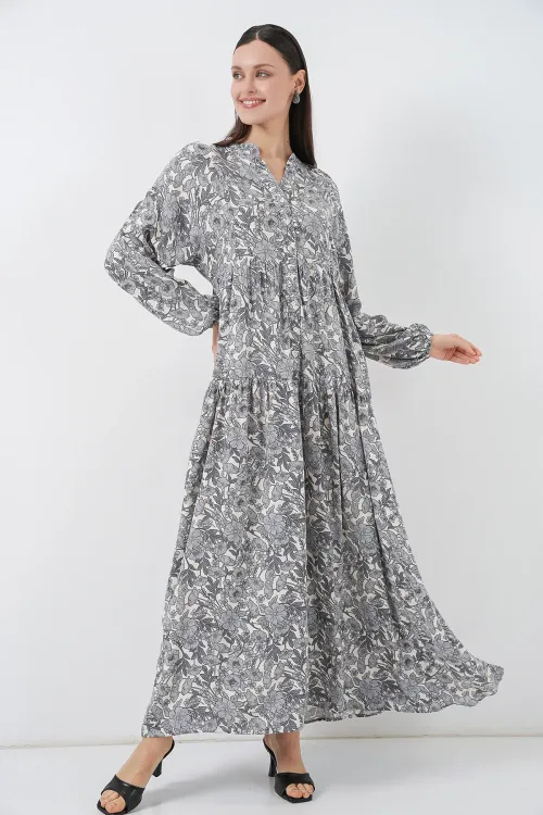 Kadın Desenli Uzun Tesettür Elbise 2585 - Gri