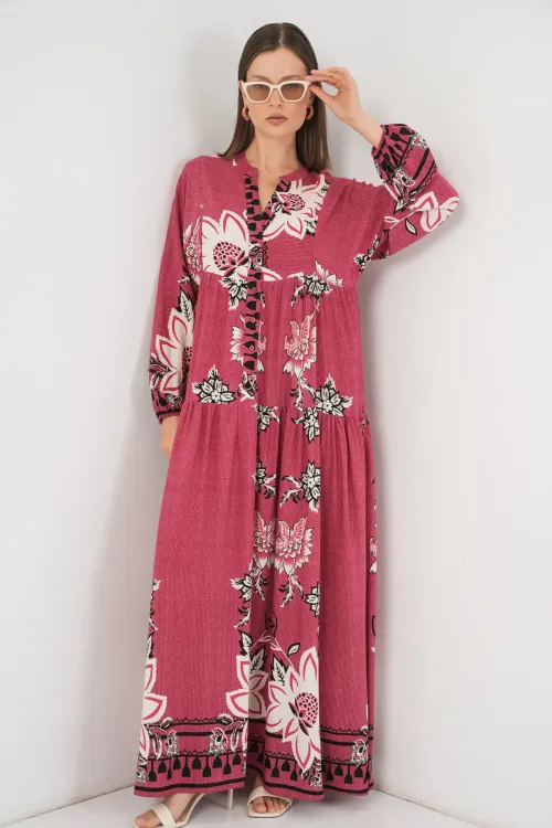 Kadın Desenli Uzun Tesettür Elbise 2585 - Gül Kurusu