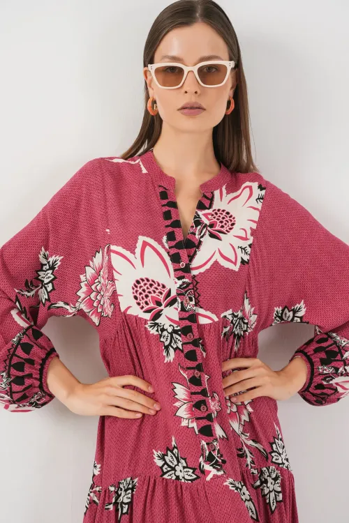 Kadın Desenli Uzun Tesettür Elbise 2585 - Gül Kurusu