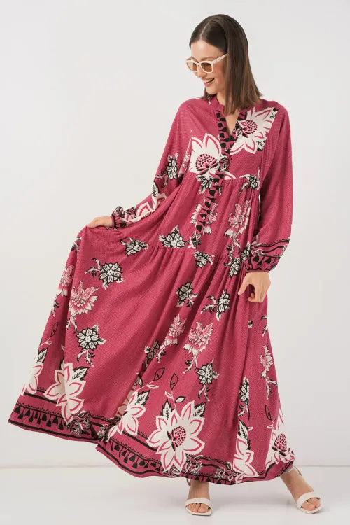 Kadın Desenli Uzun Tesettür Elbise 2585 - Gül Kurusu