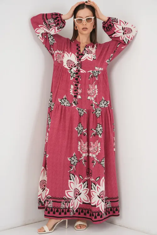 Kadın Desenli Uzun Tesettür Elbise 2585 - Gül Kurusu