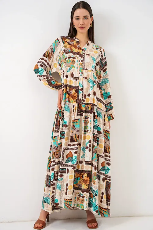 Kadın Desenli Uzun Tesettür Elbise 2585 - H. Kahverengi