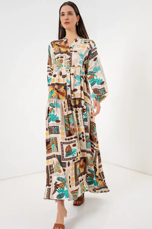 Kadın Desenli Uzun Tesettür Elbise 2585 - H. Kahverengi