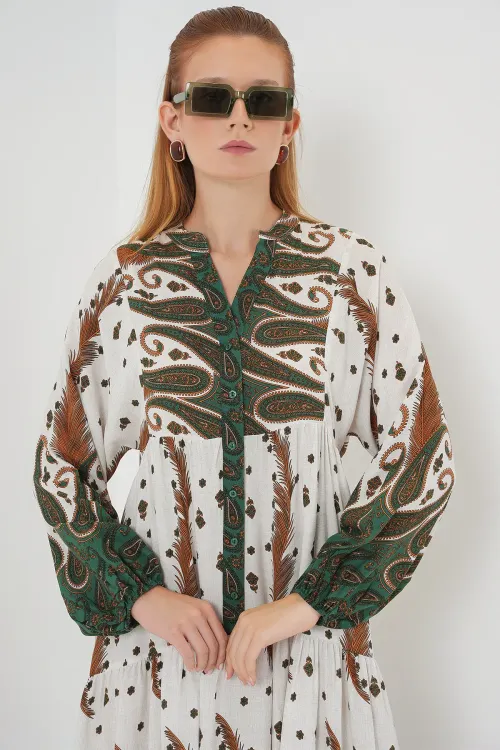 Kadın Desenli Uzun Tesettür Elbise 2585 - Hardal