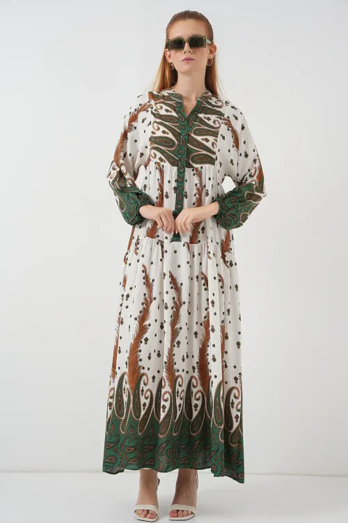 Kadın Desenli Uzun Tesettür Elbise 2585 - Hardal