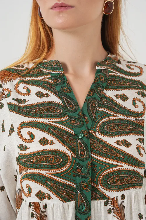 Kadın Desenli Uzun Tesettür Elbise 2585 - Hardal