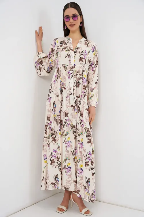 Kadın Desenli Uzun Tesettür Elbise 2585 - I. Kahverengi