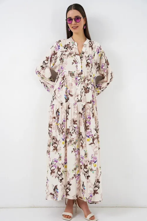 Kadın Desenli Uzun Tesettür Elbise 2585 - I. Kahverengi