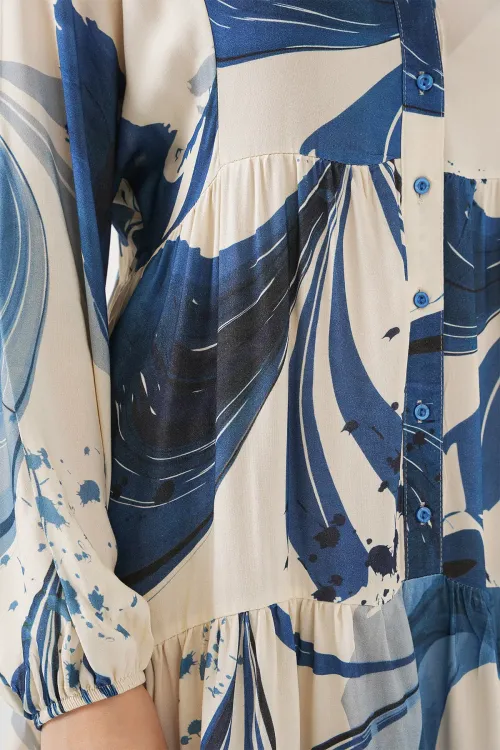 Kadın Desenli Uzun Tesettür Elbise 2585 - Lacivert