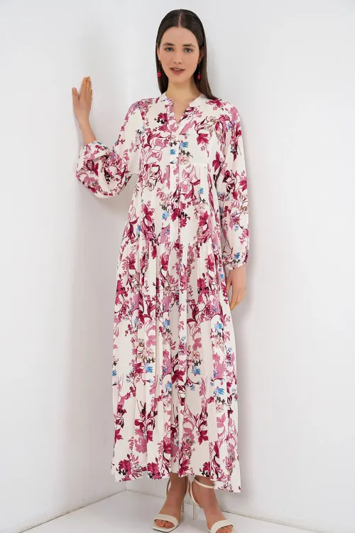 Kadın Desenli Uzun Tesettür Elbise 2585 - M. Kırmızı