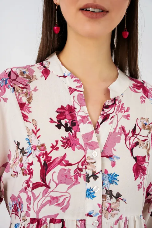 Kadın Desenli Uzun Tesettür Elbise 2585 - M. Kırmızı