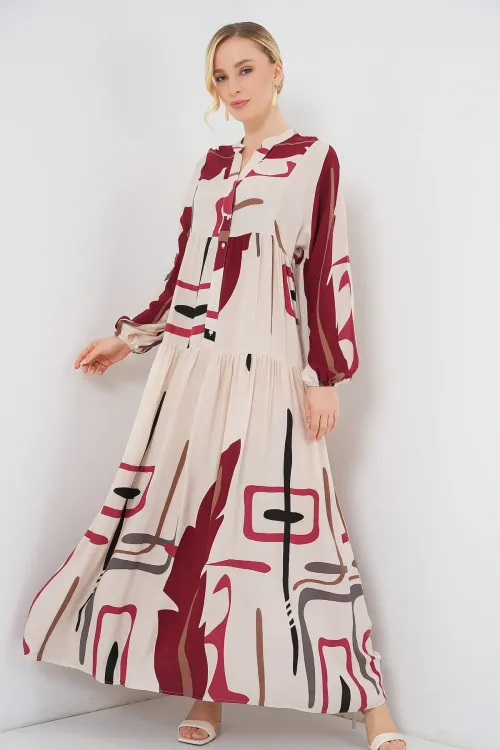 Kadın Desenli Uzun Tesettür Elbise 2585 - M. Krem