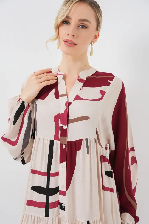 Kadın Desenli Uzun Tesettür Elbise 2585 - M. Krem