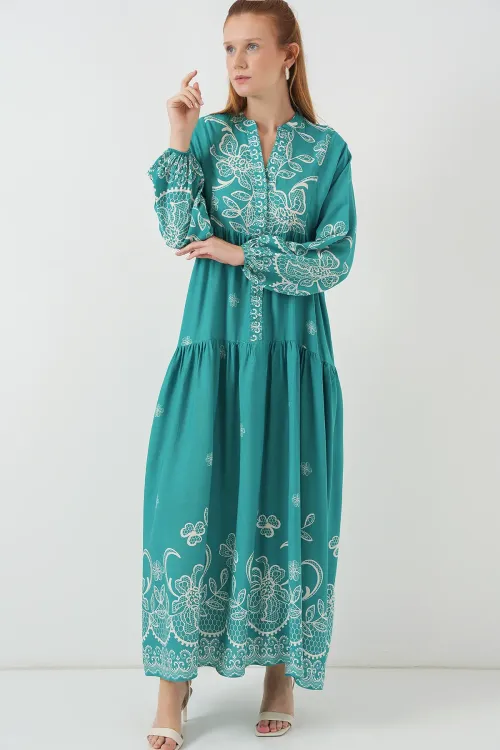 Kadın Desenli Uzun Tesettür Elbise 2585 - Mint