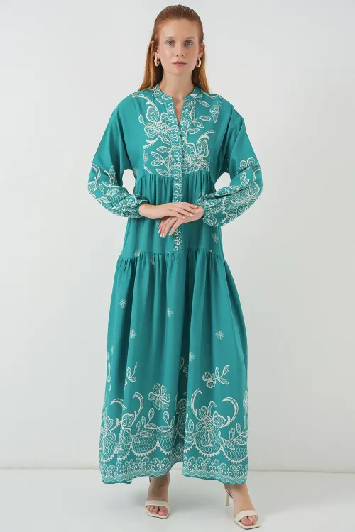 Kadın Desenli Uzun Tesettür Elbise 2585 - Mint