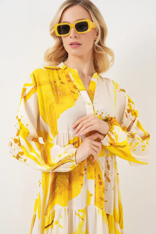 Kadın Desenli Uzun Tesettür Elbise 2585 - Sarı