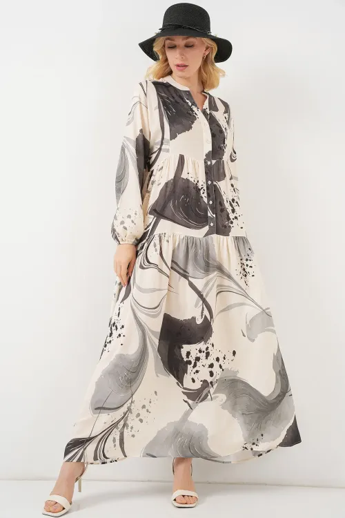 Kadın Desenli Uzun Tesettür Elbise 2585 - Siyah