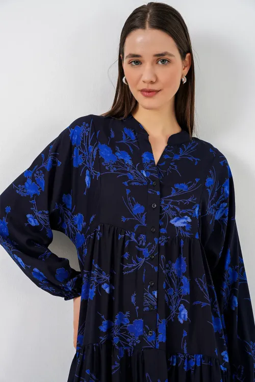 Kadın Desenli Uzun Tesettür Elbise 2585 - Siyah 9