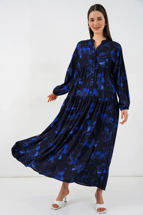 Kadın Desenli Uzun Tesettür Elbise 2585 - Siyah 9