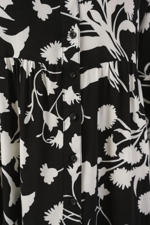 Kadın Desenli Uzun Tesettür Elbise 2585 - Siyah - Beyaz 1