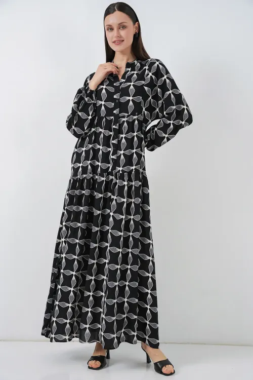 Kadın Desenli Uzun Tesettür Elbise 2585 - Siyah1