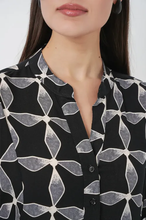 Kadın Desenli Uzun Tesettür Elbise 2585 - Siyah1