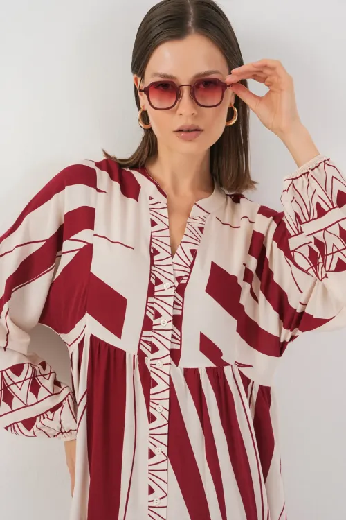 Kadın Desenli Uzun Tesettür Elbise 2585 - Y.Bordo