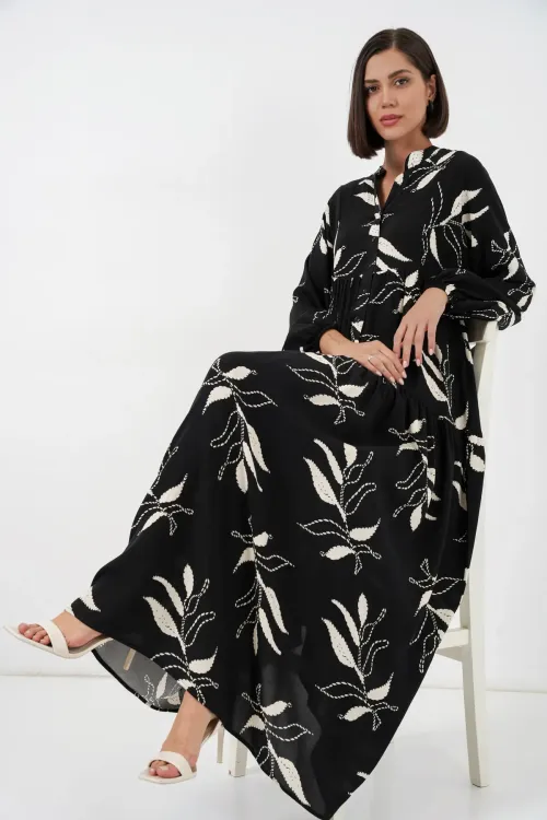 Kadın Desenli Uzun Tesettür Elbise 2585 - Y.Siyah